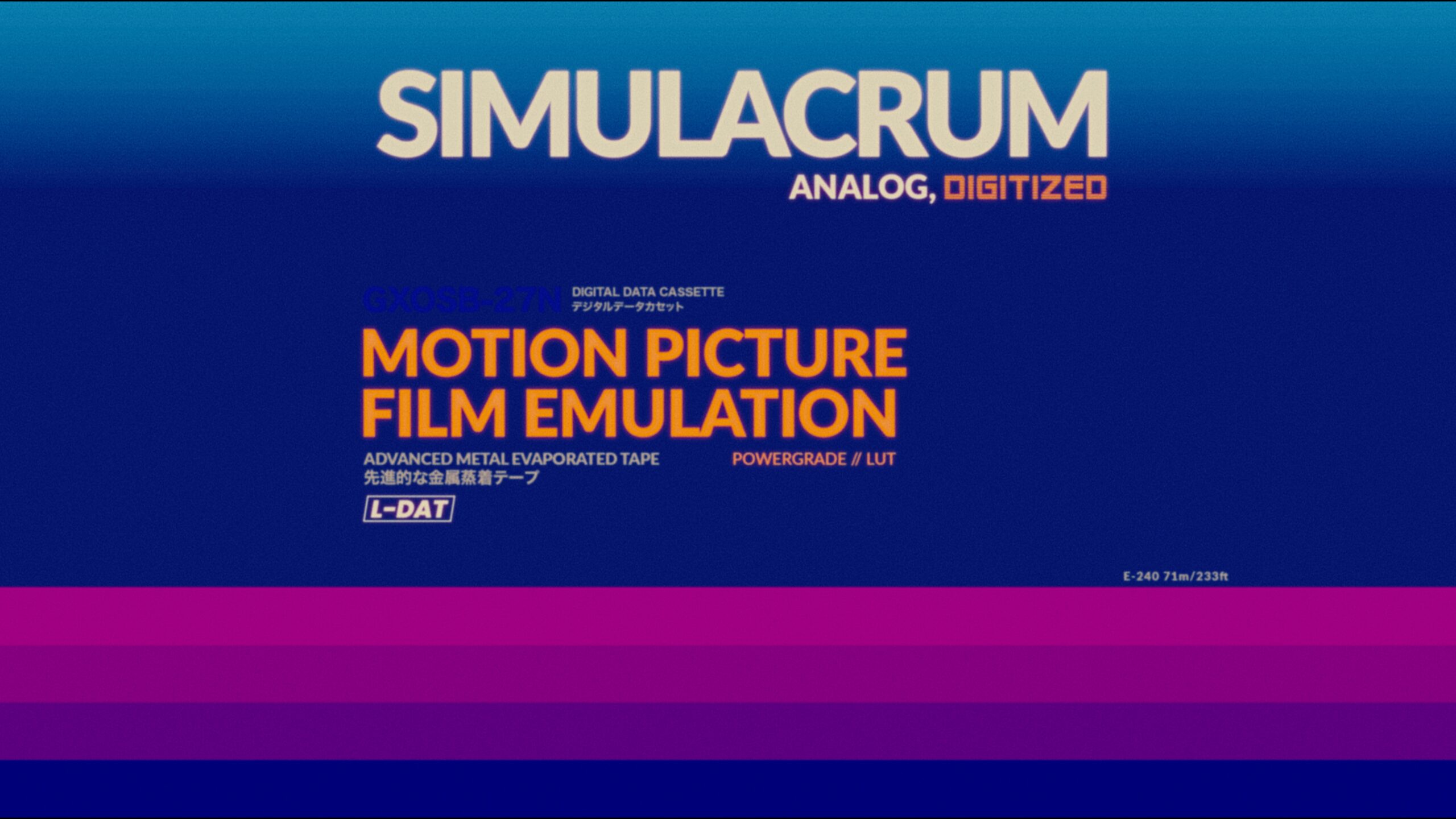 Simulacrum title card: the wordmark over a blue-to-magenta gradient, labelled ANALOG, DIGITIZED and MOTION PICTURE FILM EMULATION